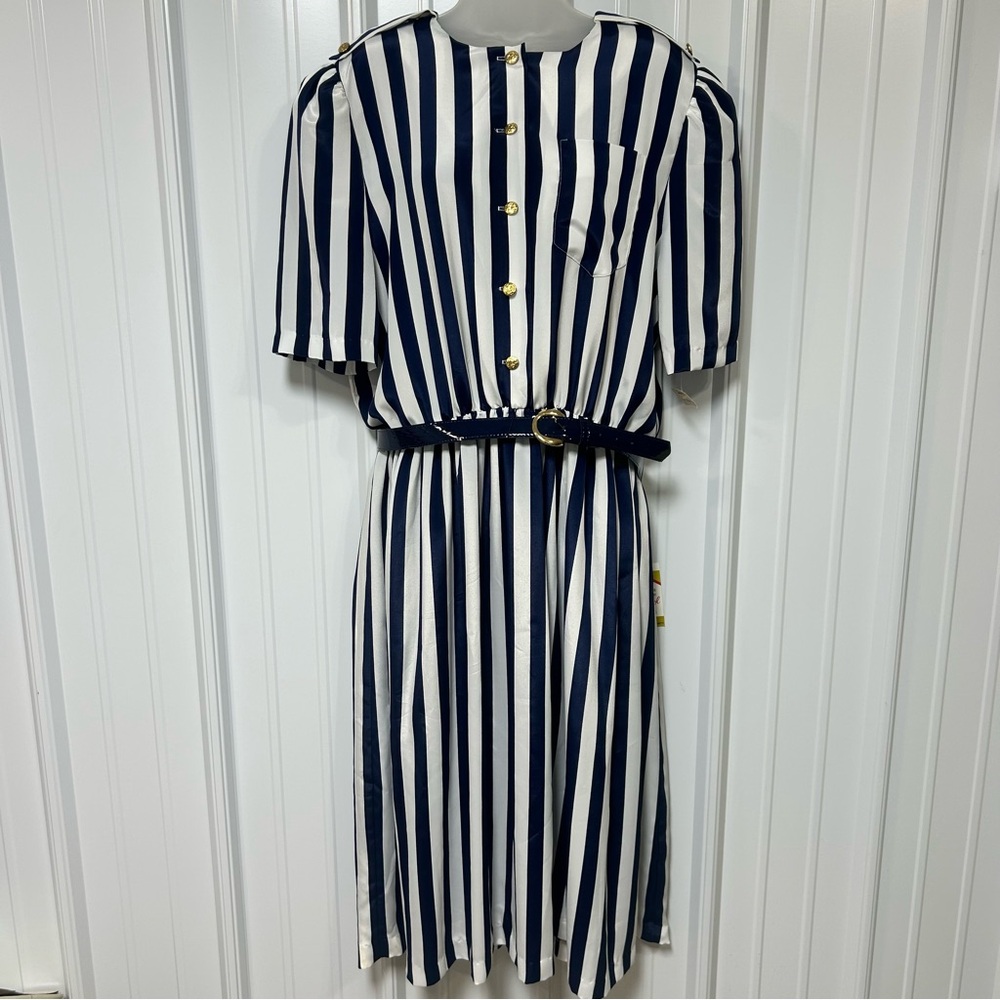VTG Navy/White Striped Silky Gold Button Belted Midi Dress Women's 18 USA NWT